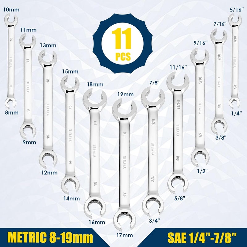 YIYEIE 12-Point Flare Nut Wrench Set Metric & SAE, 8mm-19mm & 1/4"-7/8", 11PCS Offset Line Wrench Set for Brake, Fuel and Tubing, CR-V Steel, Double Open End with Organizer Pouch for Removing Nuts - Image 2